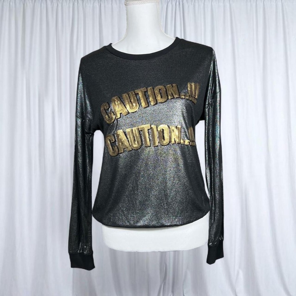 San Fran Jeans Co Metallic Caution Graphic Long Sleeve Top Y2K